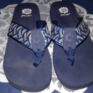 BLUE, GEOMETRIC BLUES FABRIC PATTERN STRAP, LADIES WEDGE FLIP FLOP, SIZE 9 M